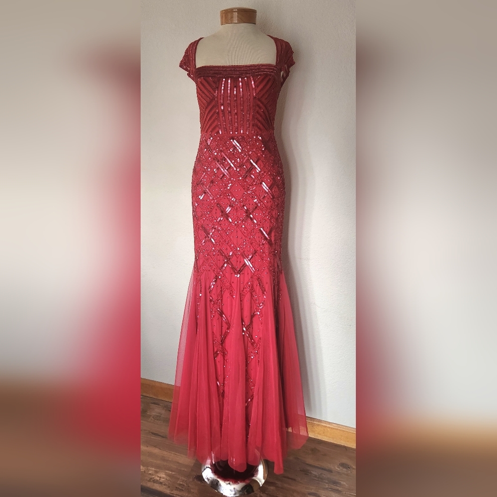 Beaded Adrianna Papell Cap Sleeve Square Neck Claret Red Dress Gown 6p